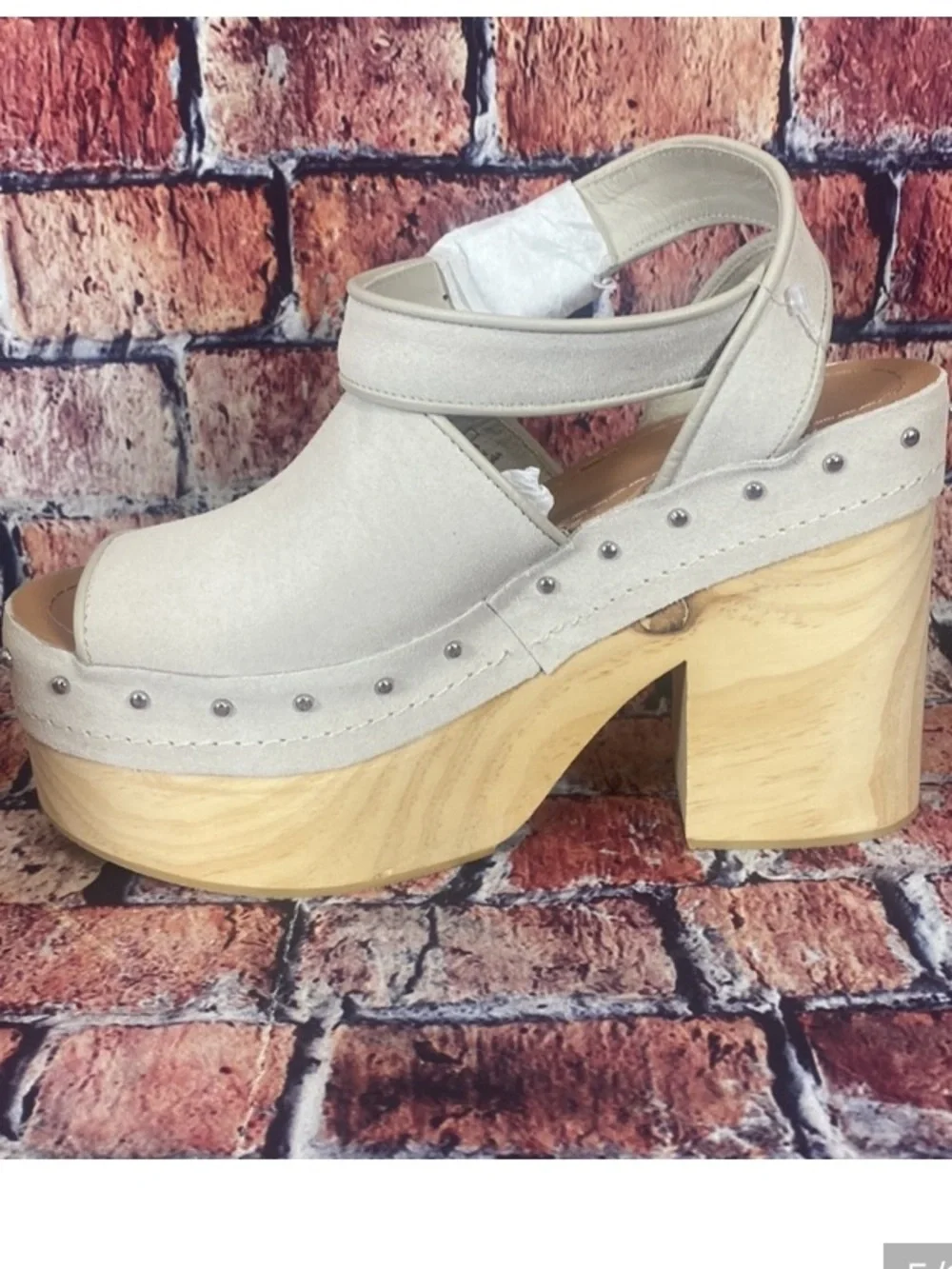 Zara Cream/ Tan Suede Leather Studded Platform Sandal with Wood Block Heel